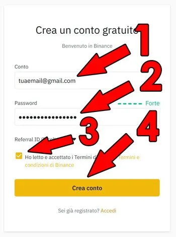 crea conto binance