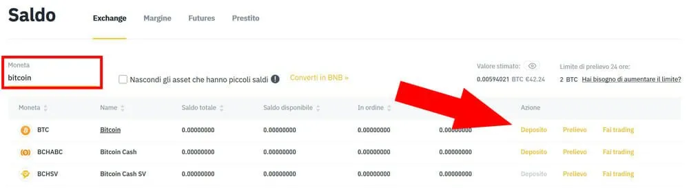 depositare bitcoin su binance