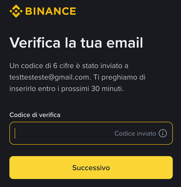 passaggio verifica email conto binance