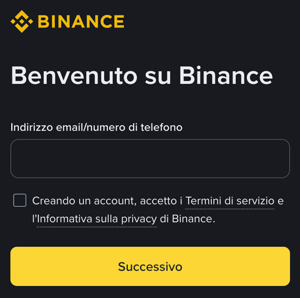 registrazione conto binance exchange sito ufficiale italia