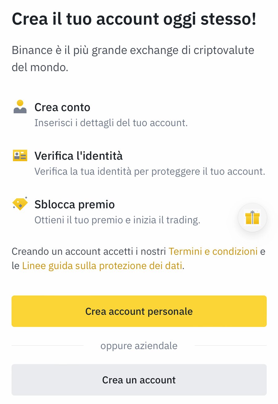 registrazione conto binance personale aziendale