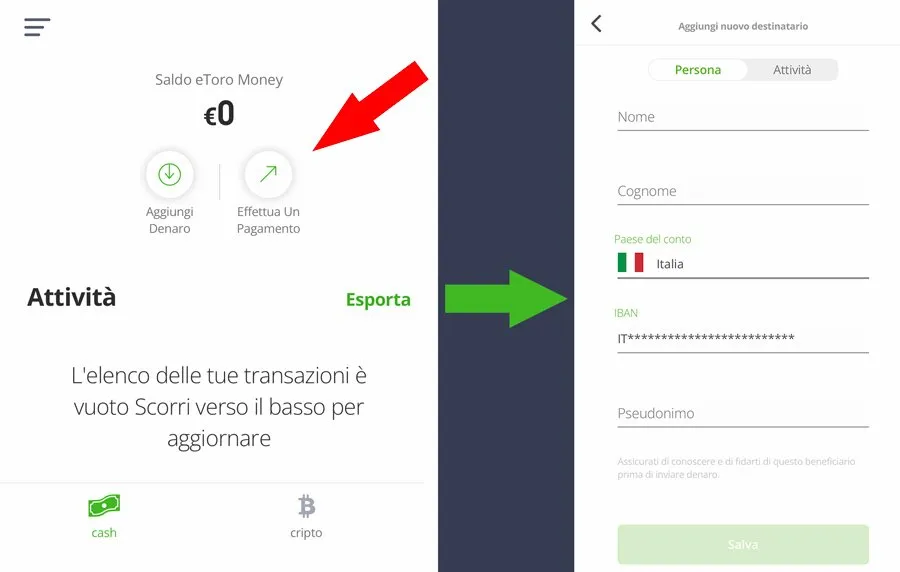 come inviare denaro con iban etoro