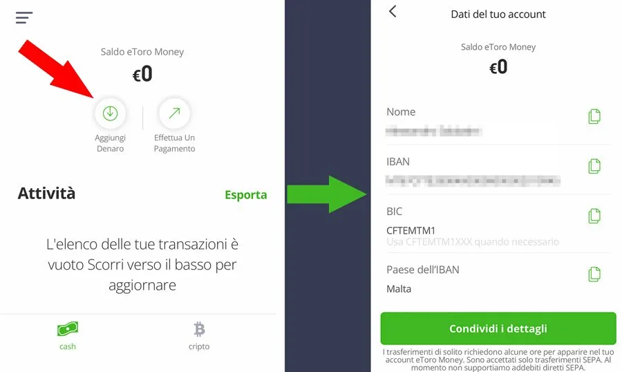 deposito denaro conto corrente iban etoro money