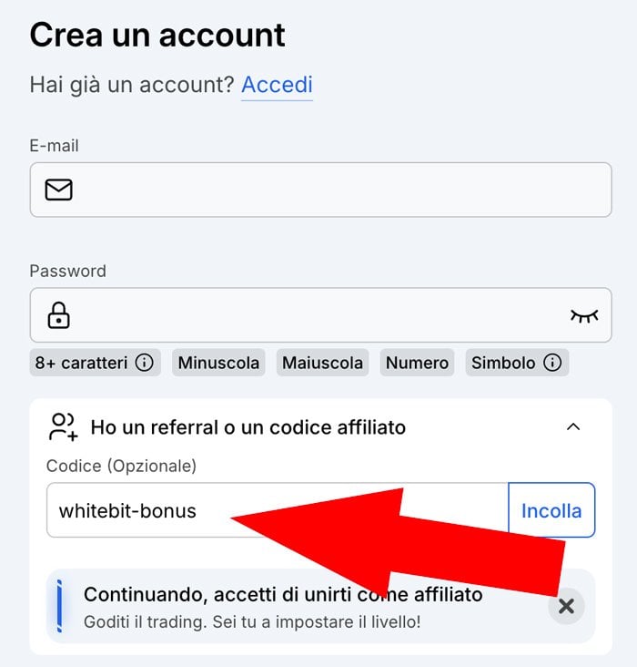 referral codice affiliato whitebit