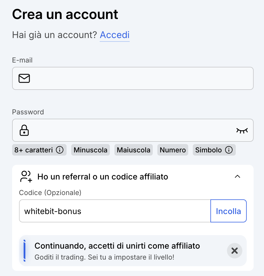 whitebit referral o un codice affiliato