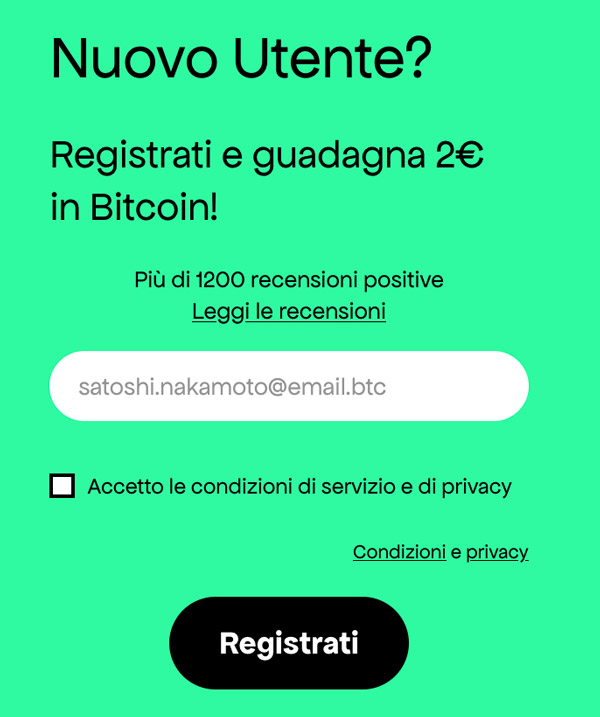 Schermata registrazione bitcashback bonus