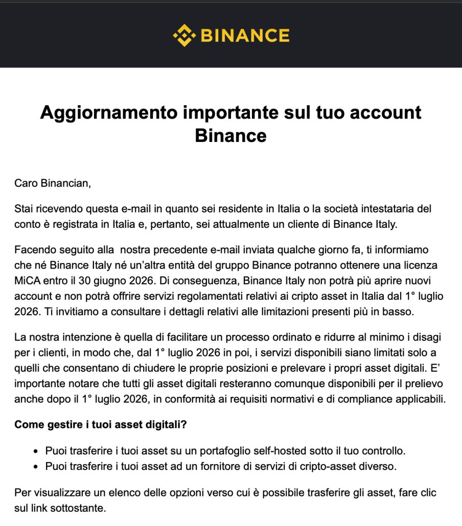 Aggiornamento importante sul tuo account Binance