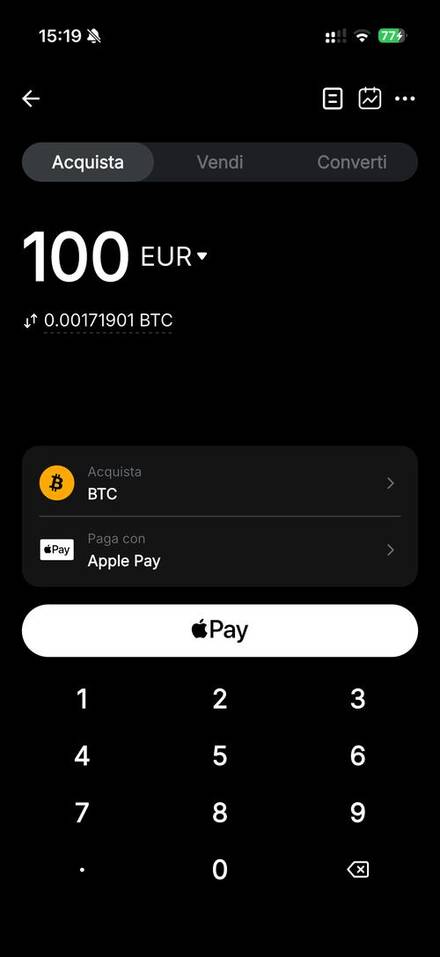 Acquisto diretto di 100 euro in Bitcoin su Bybit.eu con Apple Pay
