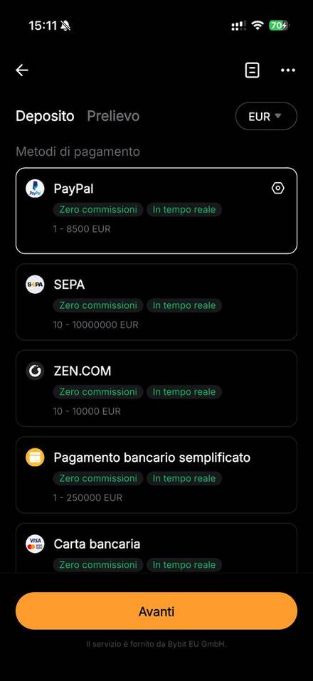 Metodi di deposito EUR su Bybit.eu a zero commissioni PayPal SEPA carta