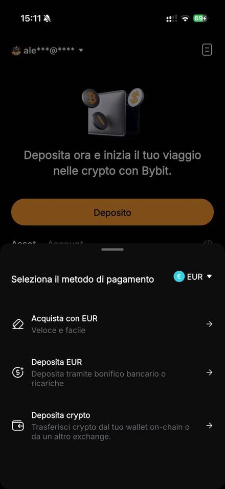 Deposito su Bybit.eu scelta tra acquisto con EUR deposito EUR e deposito crypto