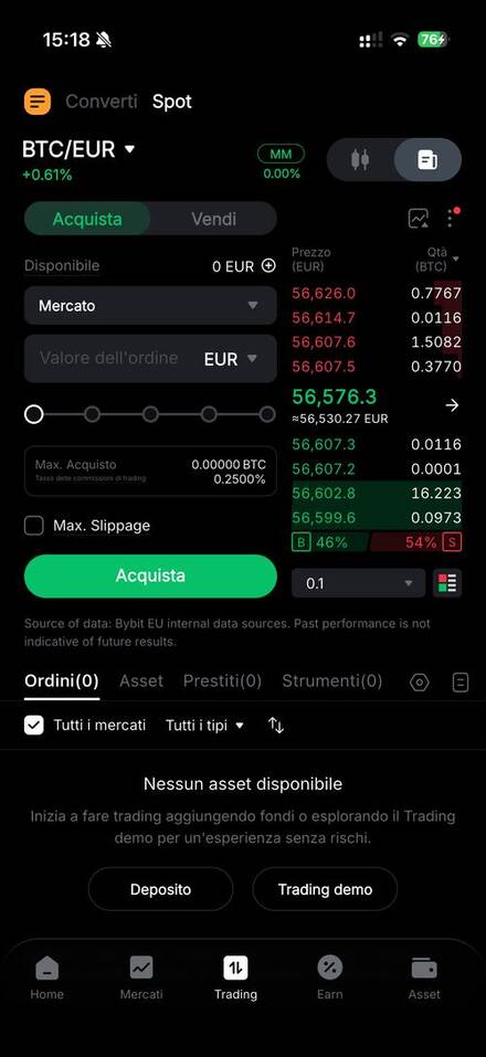 Ordine a mercato BTC EUR su Bybit.eu con commissione 0,25 per cento