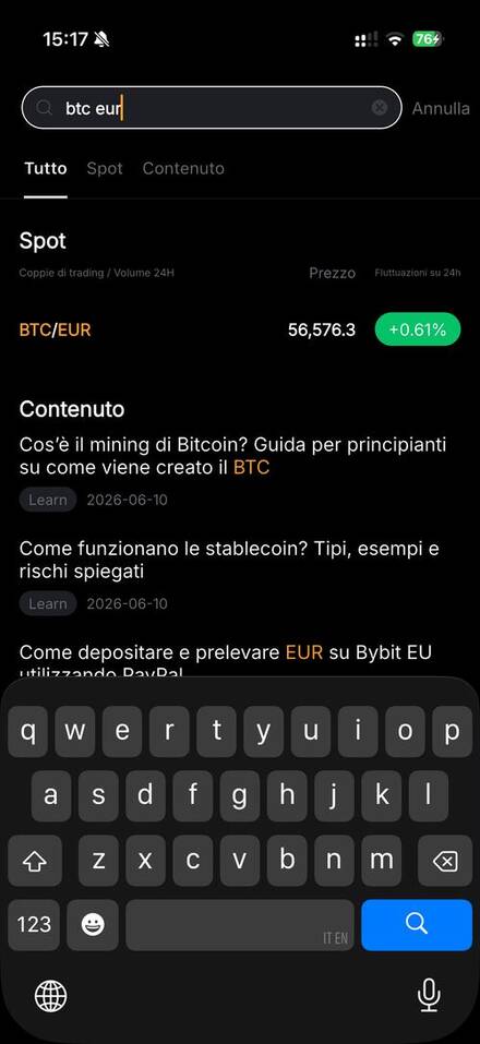 Ricerca della coppia BTC EUR nel mercato Spot di Bybit.eu