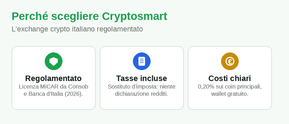 Perché scegliere Cryptosmart Perché scegliere Cryptosmart: regolamentato MiCAR, sostituto d'imposta, commissioni 0,20%