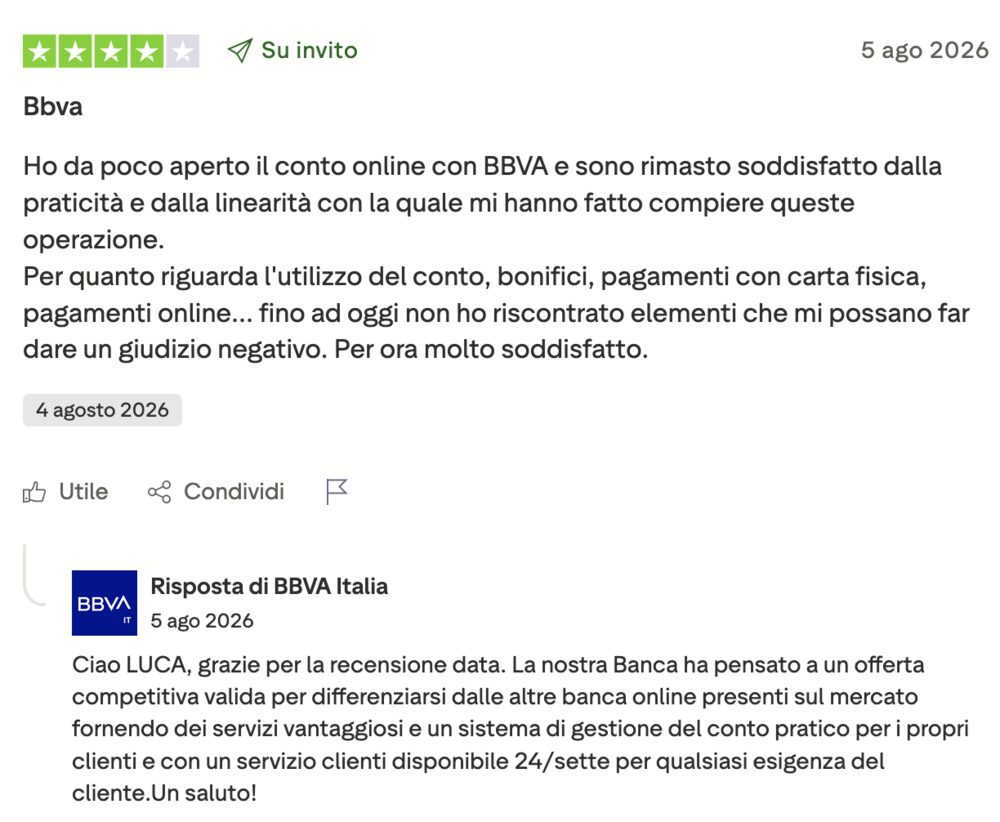Recensione del conto BBVA a 4 stelle con risposta ufficiale di BBVA Italia su Trustpilot