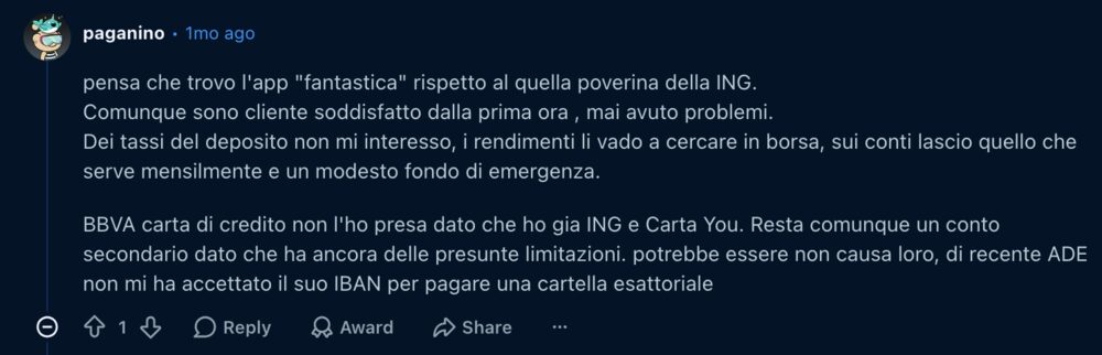 Opinioni su BBVA nel thread Reddit di r/ItaliaPersonalFinance dopo i primi 6 mesi
