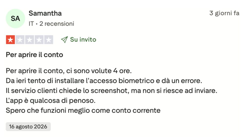Recensione negativa BBVA a 1 stella: tempi di apertura del conto e problemi con l'app