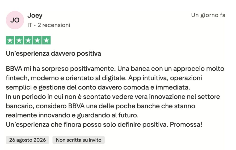 Recensione positiva BBVA a 5 stelle su Trustpilot: app intuitiva e gestione del conto semplice