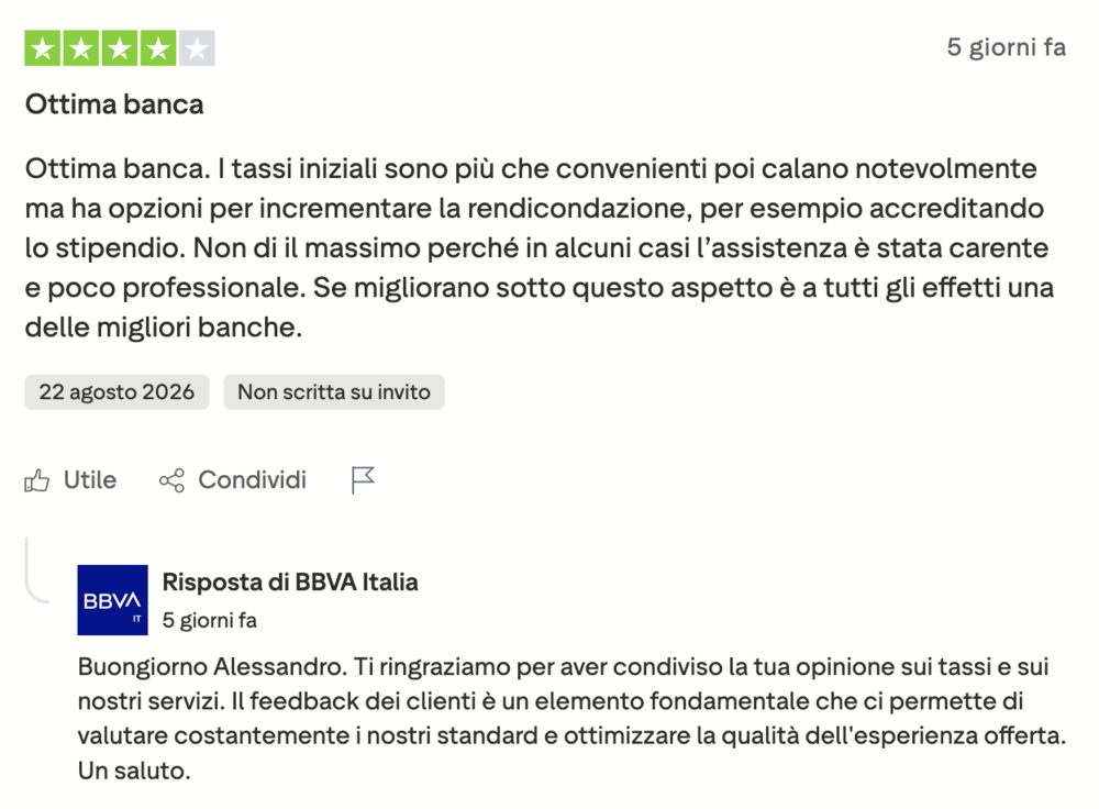 Recensione BBVA a 4 stelle su tassi e remunerazione, con risposta ufficiale di BBVA Italia