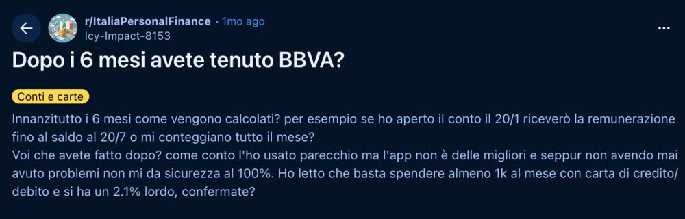 Commento Reddit sull'esperienza con il conto BBVA e l'app rispetto a ING