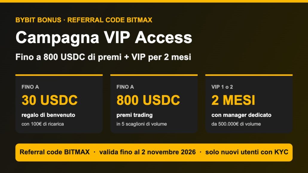 Bybit bonus con la campagna VIP Access, fino a 800 USDC di premi e VIP per 2 mesi con il referral code BITMAX